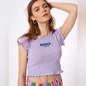 MINGA London Women’s Size Medium Baby Doll Ribbed Embroidered Cropped Tee Purple